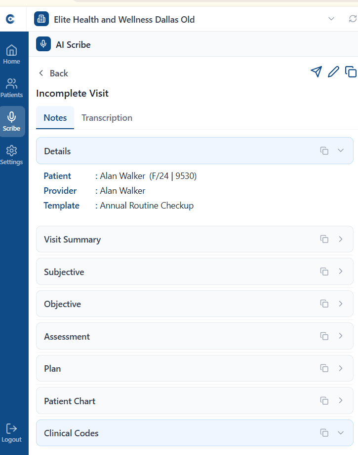 CAREpitome Scribe Chrome extension showing a generated clinical note
