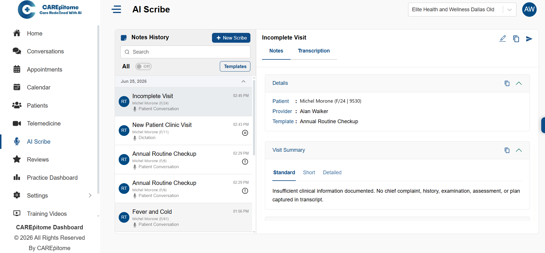 CAREpitome Scribe web dashboard